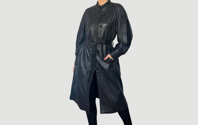 Vintage Black Leather trench coat with belt