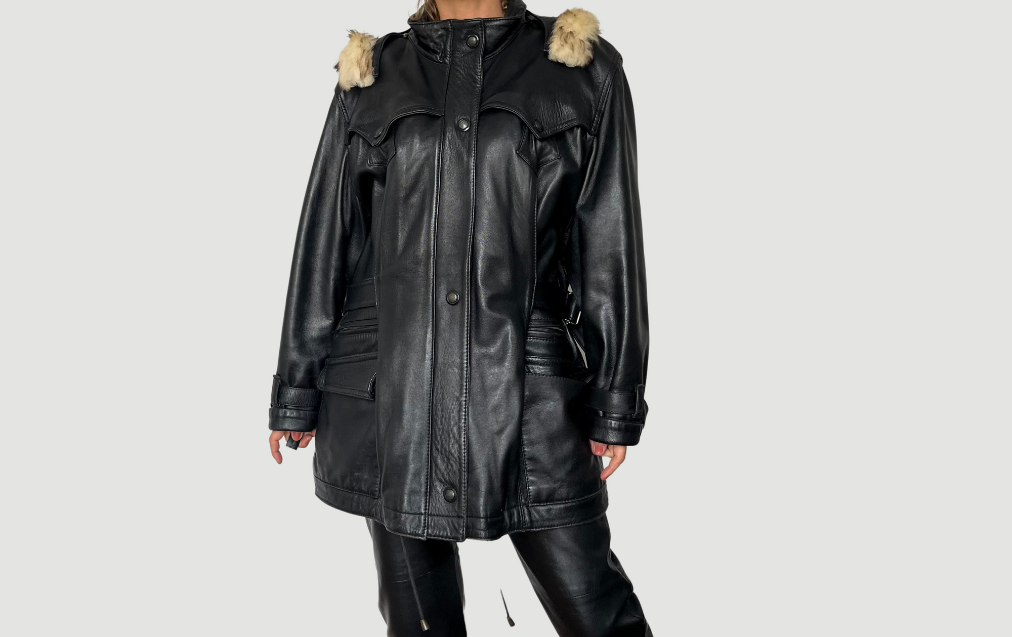 Vintage Woman black Leather parka Jacket with hood