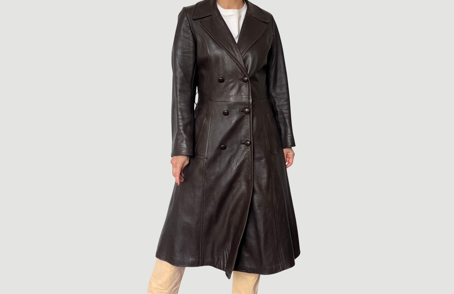 Vintage brown leather long trench coat