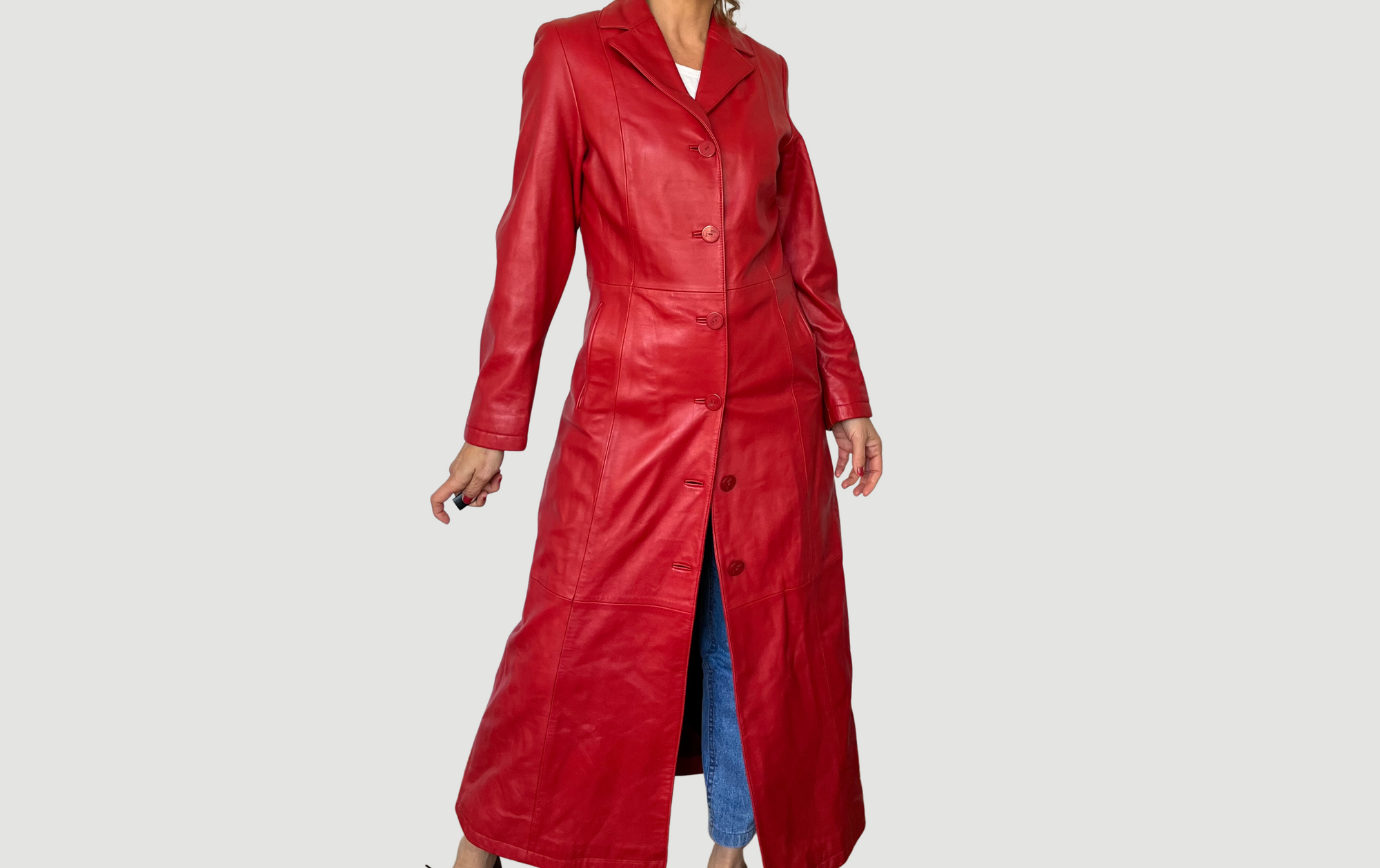 Vintage red Leather long Trench coat