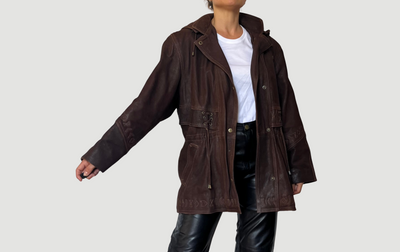 Brown leather hooded jacket