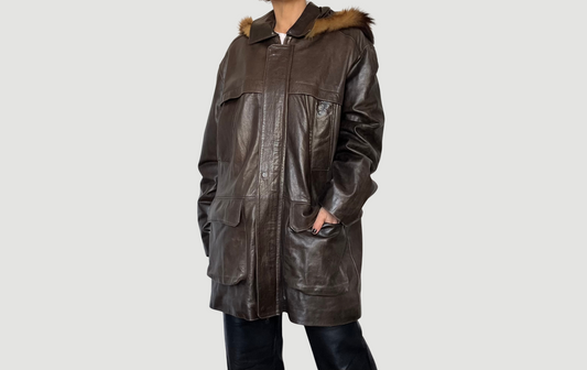 Brown leather hooded jacket