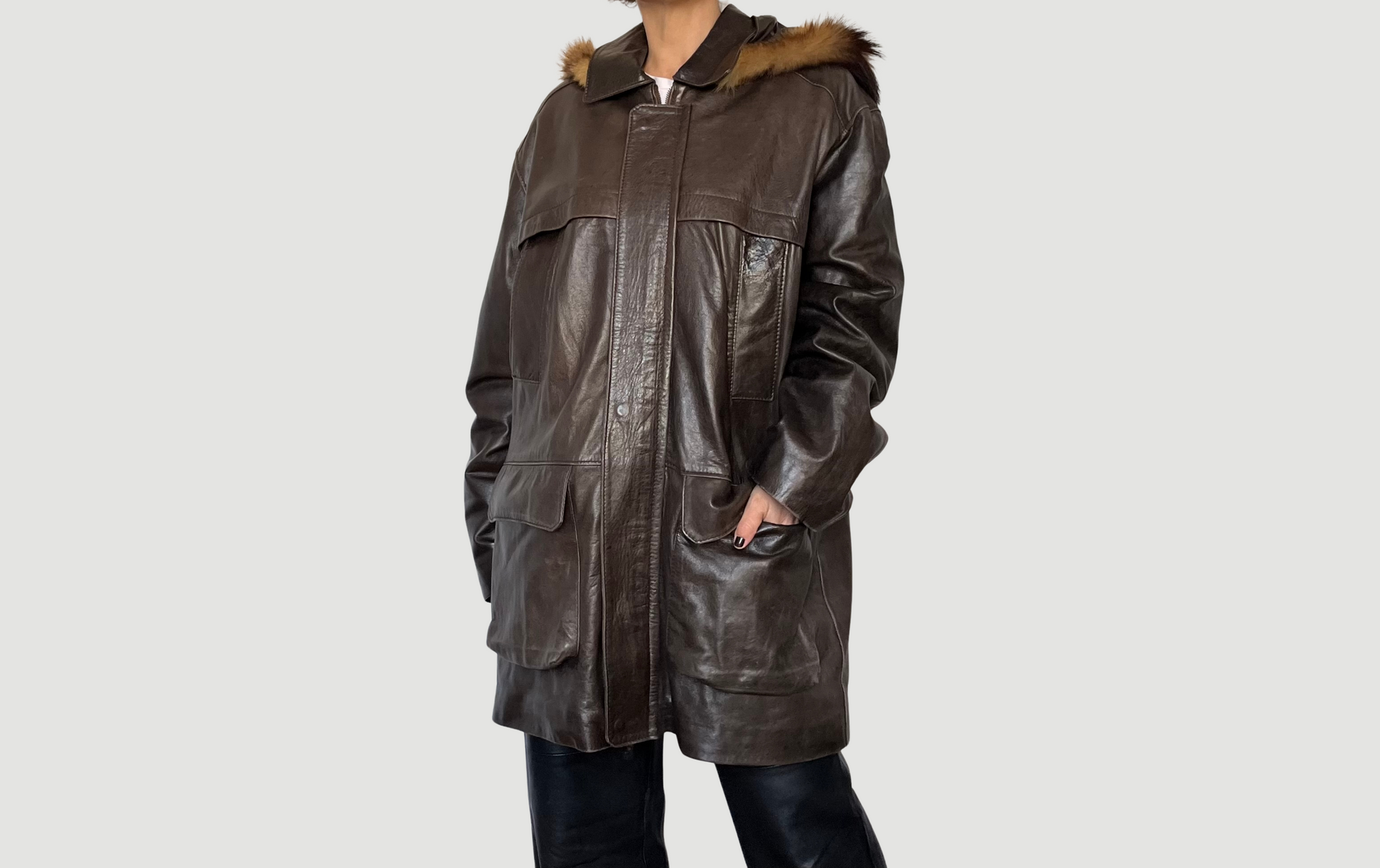 Brown leather hooded jacket