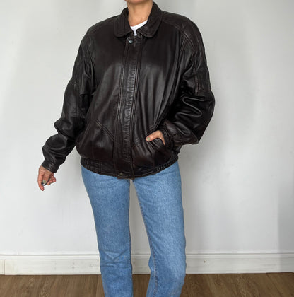 Dark Brown leather Bomber jacket