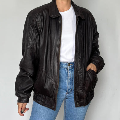 Dark Brown leather Bomber jacket