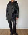 Black leather hooded jacket