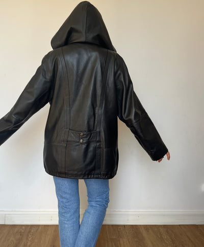 Black leather hooded jacket