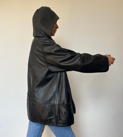 Black leather hooded jacket