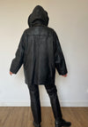 Black leather hooded jacket