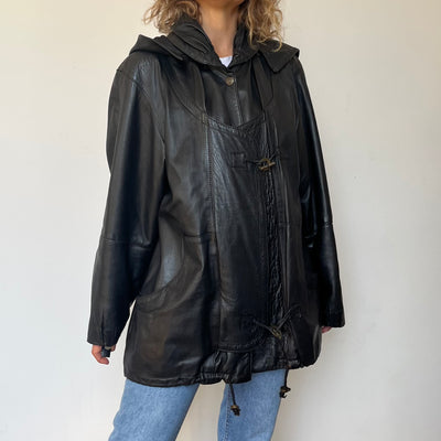 Black leather hooded jacket