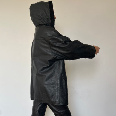 Black leather hooded jacket