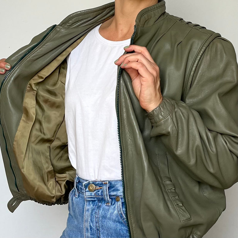 Green leather bomber jacket