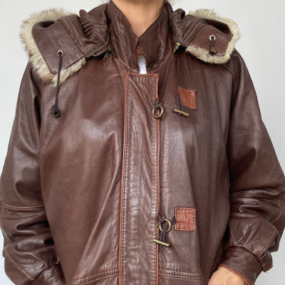 Leather parka with hood